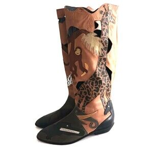 VTG 80s RARE Beverly Feldman Tall Leather Boot Zoo Animals Applique Flat Heel